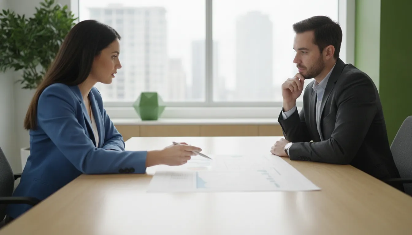 Small-business owner and financial advisor reviewing a forward-looking cash flow plan
