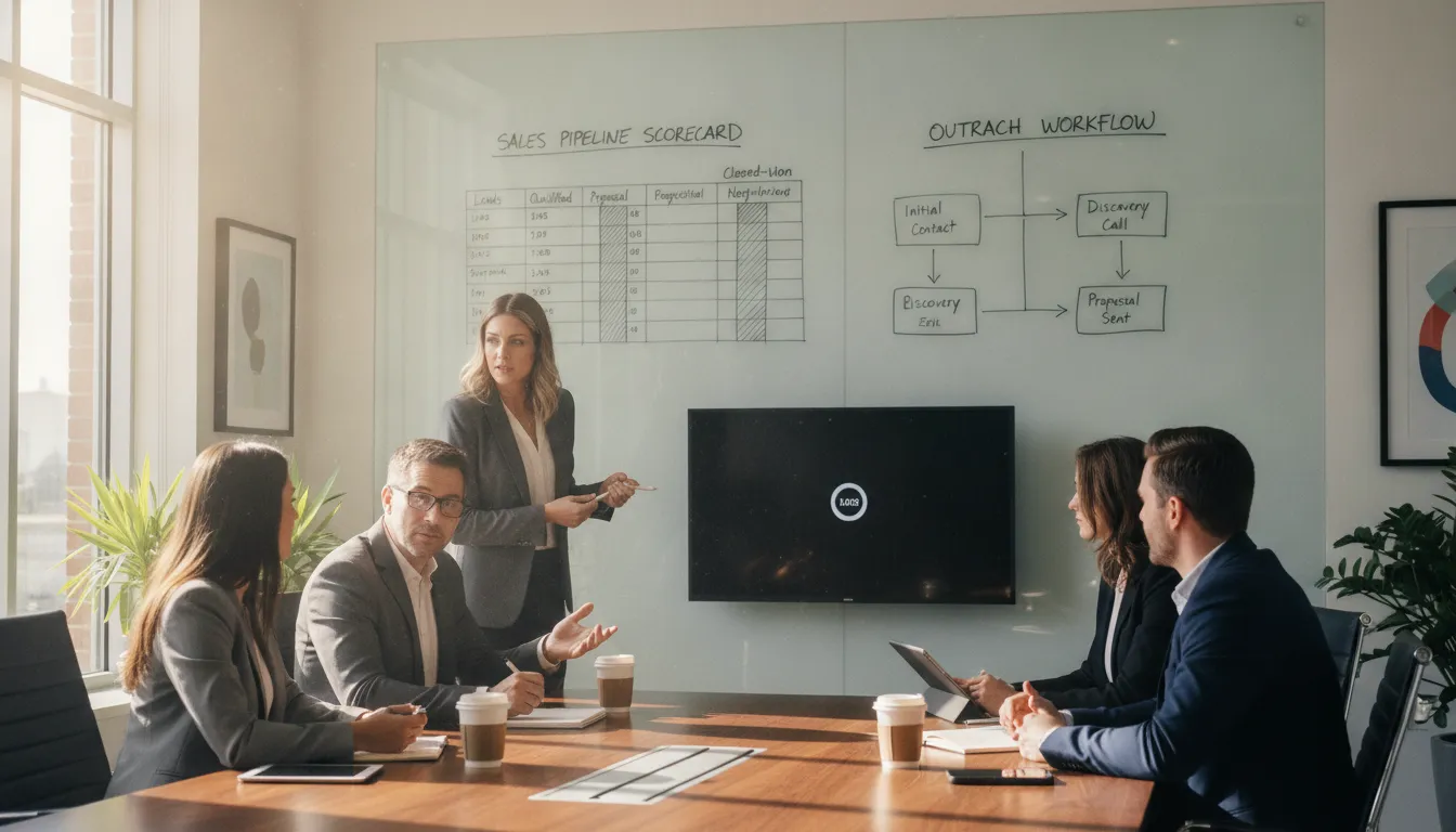 Small business team reviewing a sales development strategy scorecard