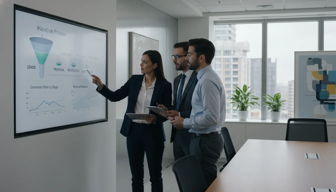 Consultants reviewing a sales conversion process dashboard with pipeline stages