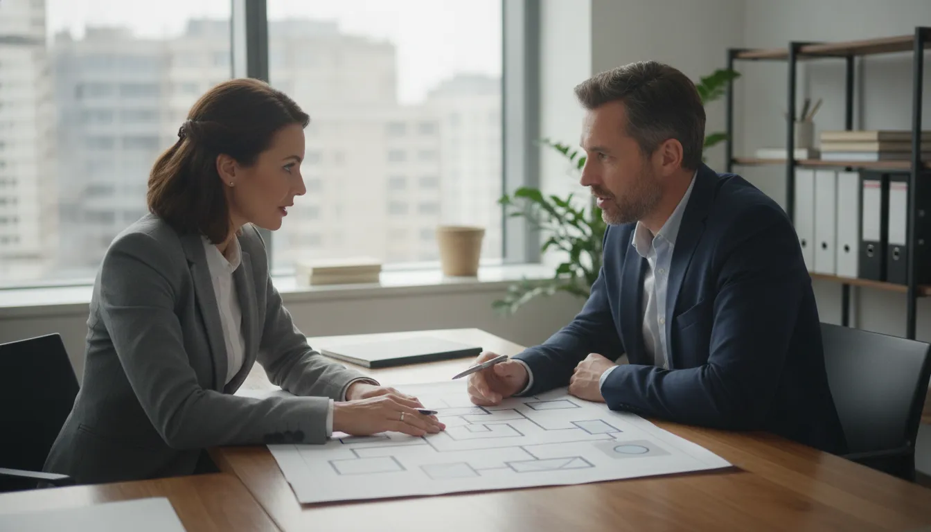 Business owner and consultant reviewing a customer acquisition system