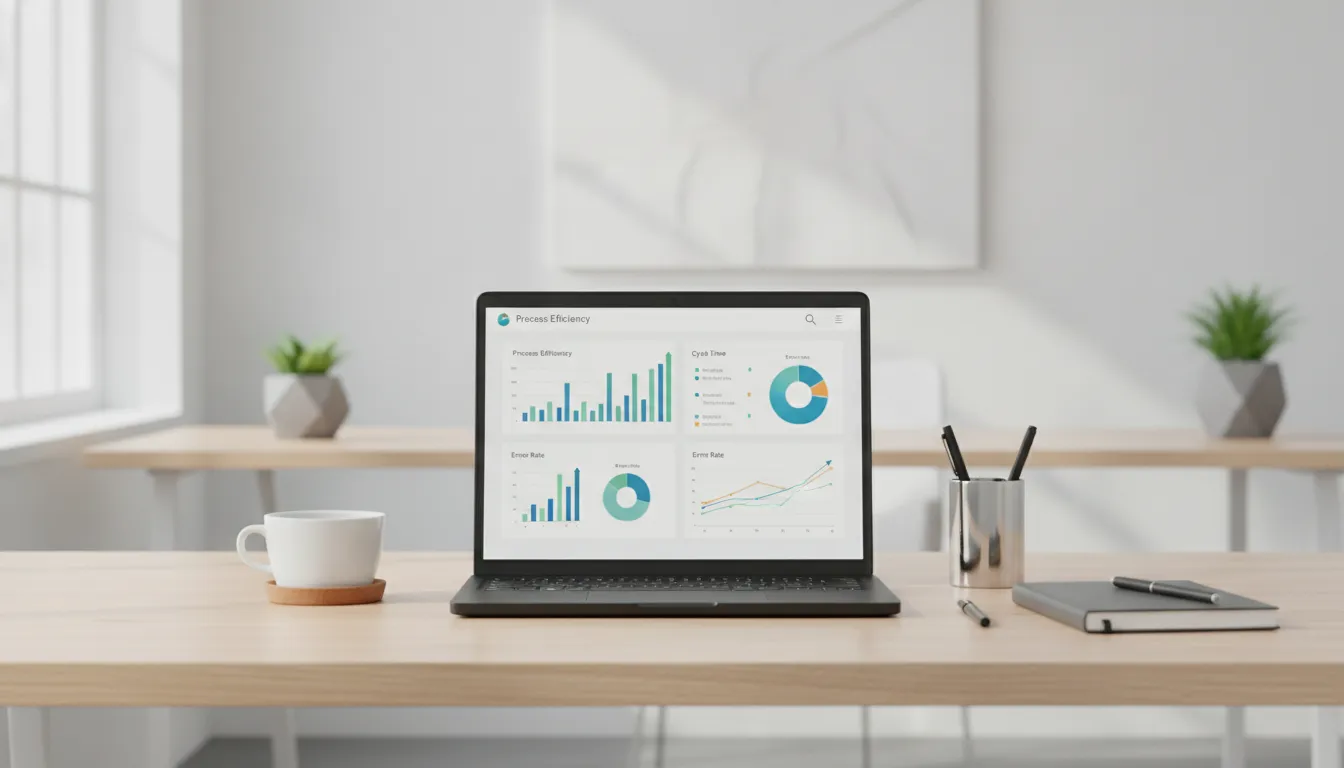 A modern clean office desk with charts on a laptop screen showing business process metrics