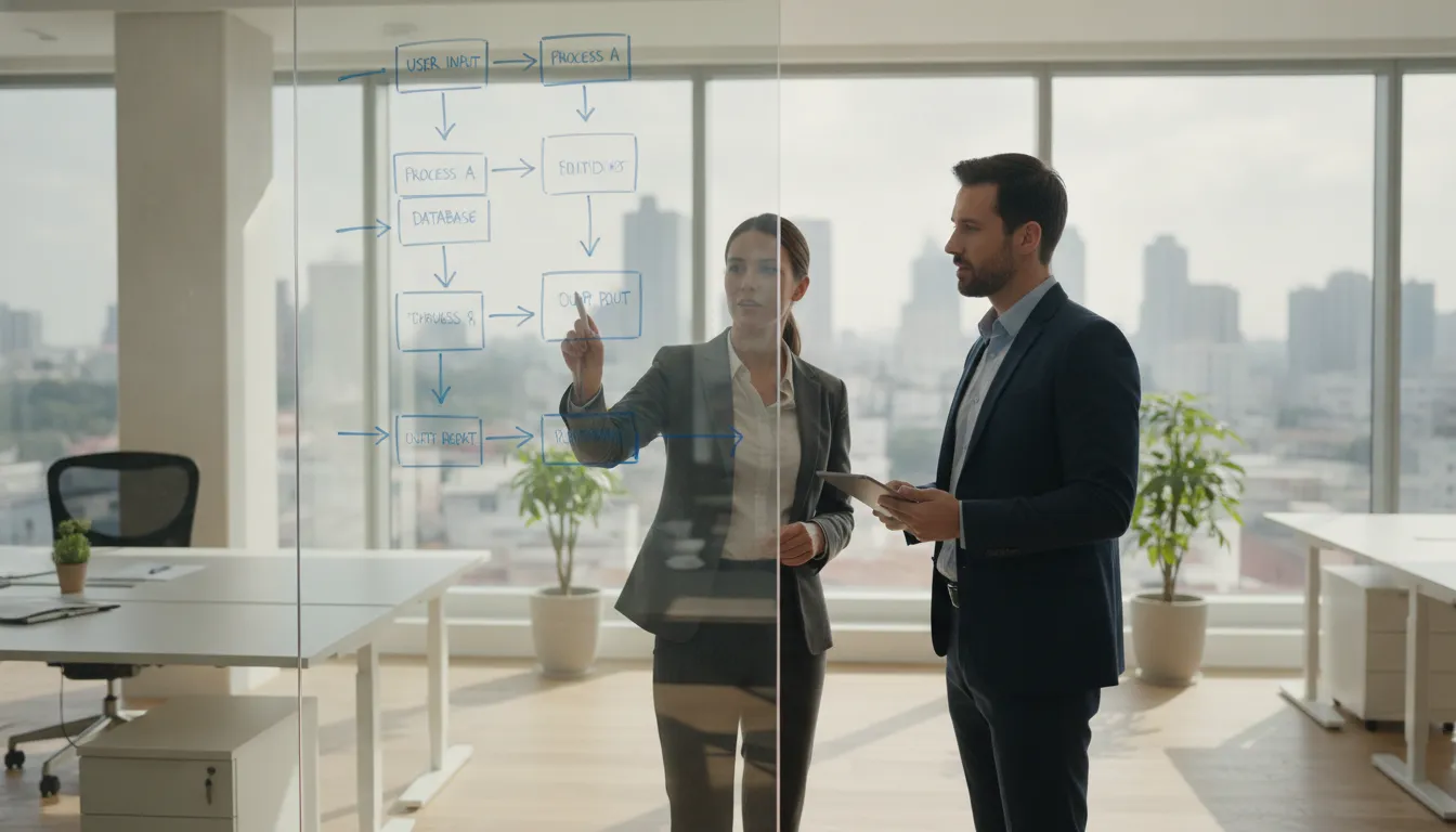 A professional consultant discussing workflow diagrams on a whiteboard with a client in a bright office