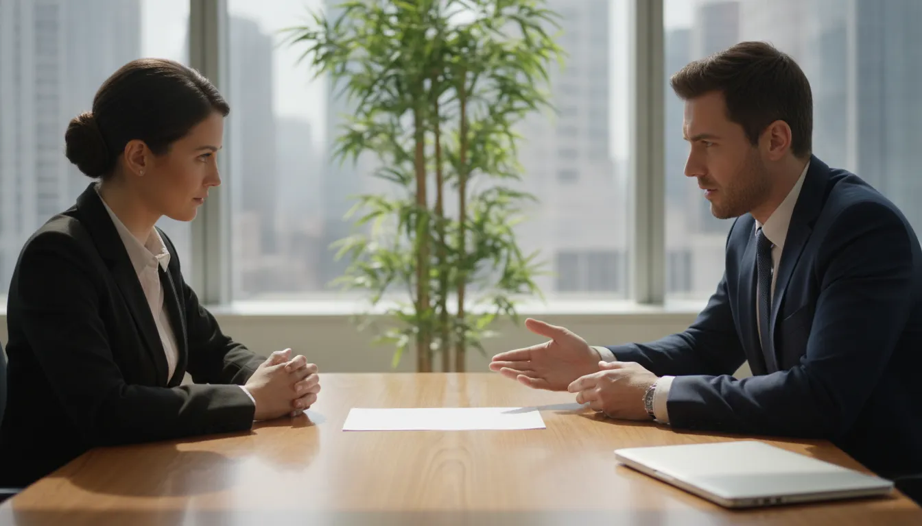 Two business owners at a conference table agreeing on who follows up when an email reply comes in