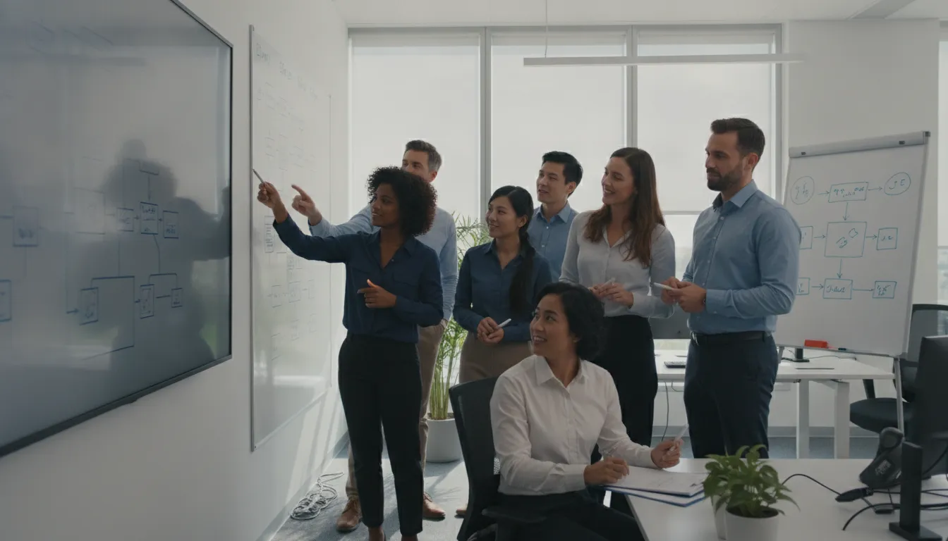 Team reviewing documented process workflow in an operations office