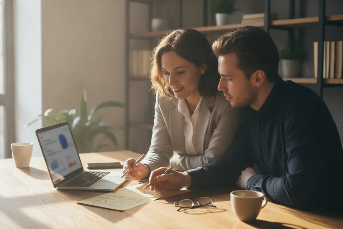 Owner and colleague checking account-fit notes before writing a prospect message