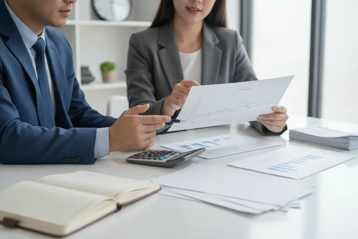 Owner and consultant reviewing operating drivers, cash timing, and growth scenarios