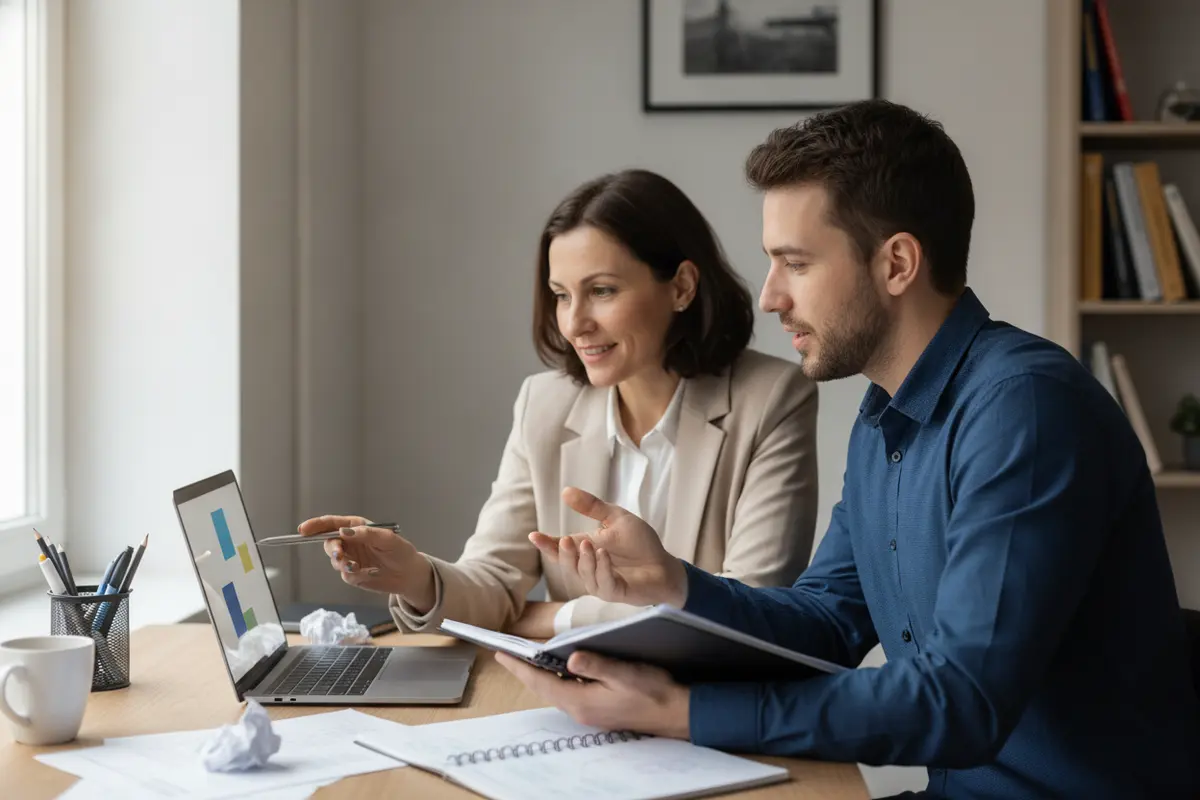 Owner and sales lead discussing pipeline stages and next actions at a small business meeting