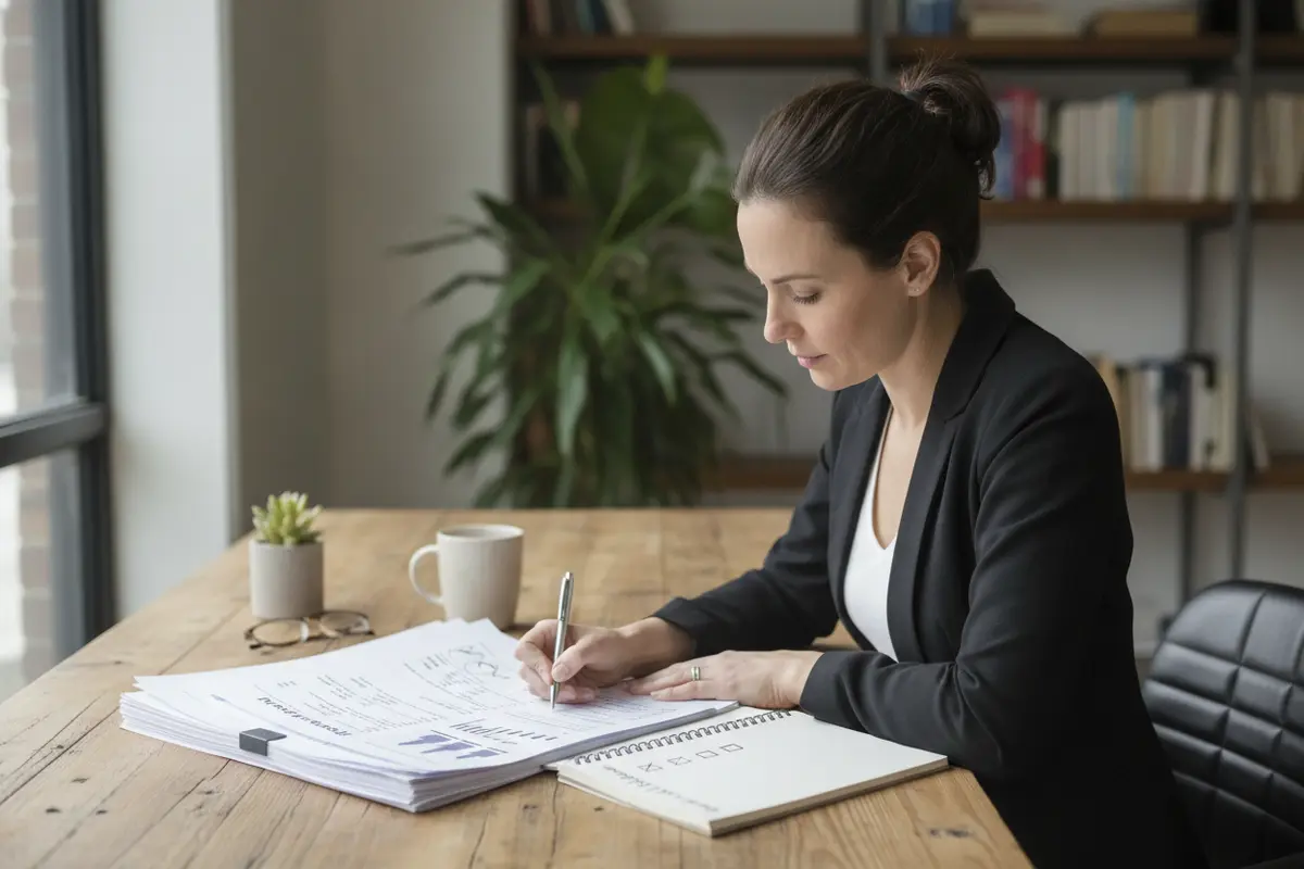 Owner marking evidence and action items while reviewing a business research paper