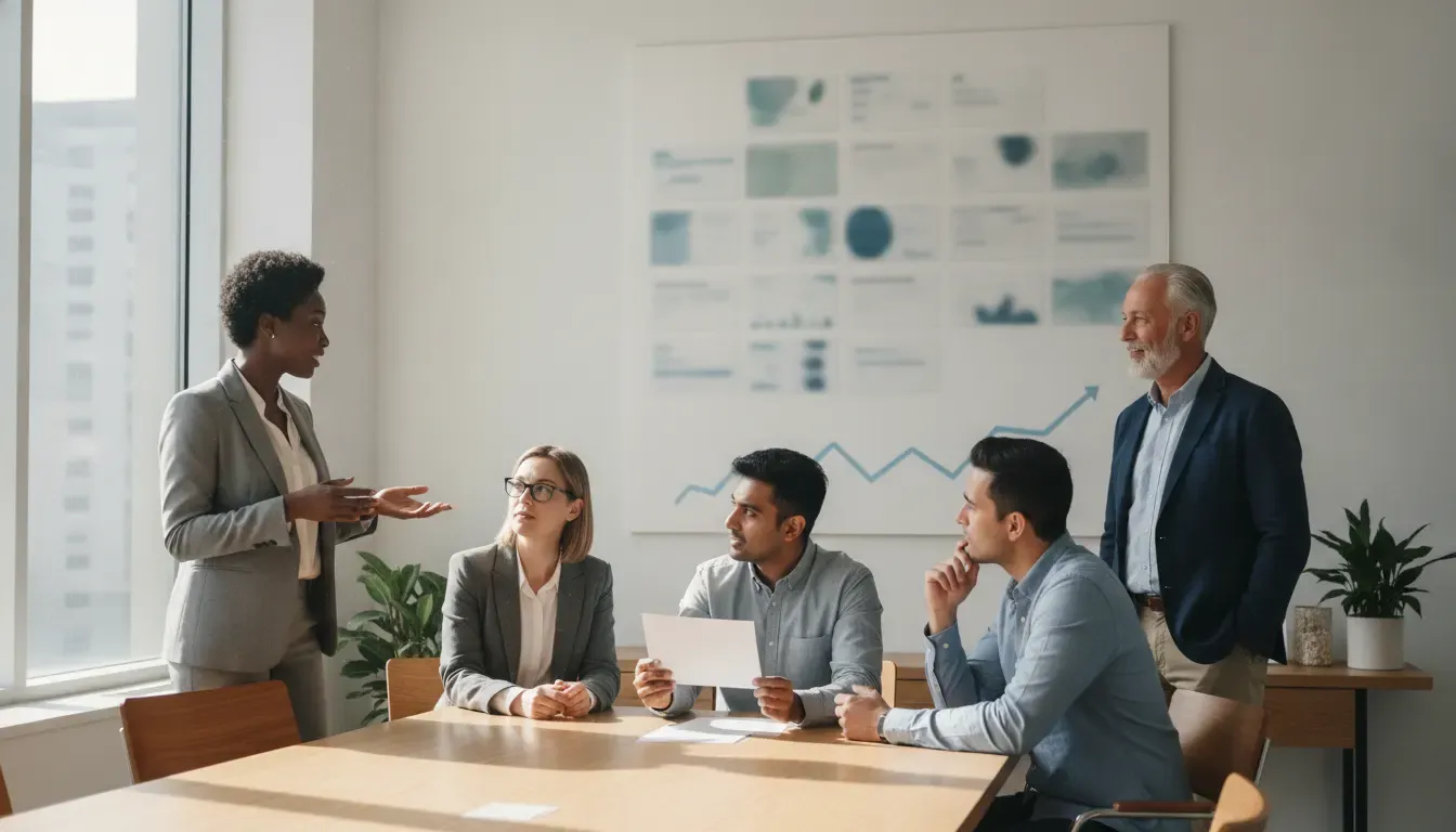 Startup team and advisor reviewing abstract growth evidence for a pitch deck traction slide