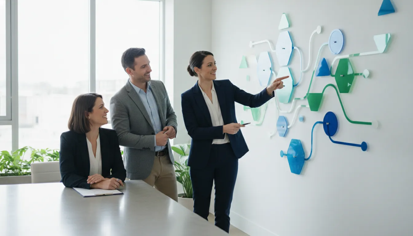 Business process improvement consultants and owners reviewing a workflow in a modern office