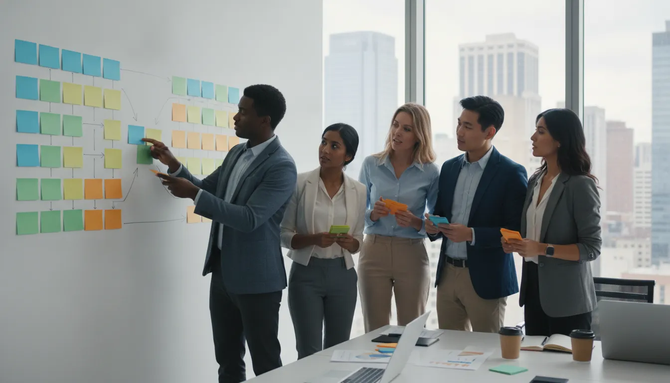 Small business leadership team mapping a workflow to streamline business processes