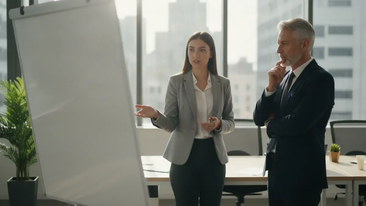 Startup founder and business advisor discussing operating priorities in an office