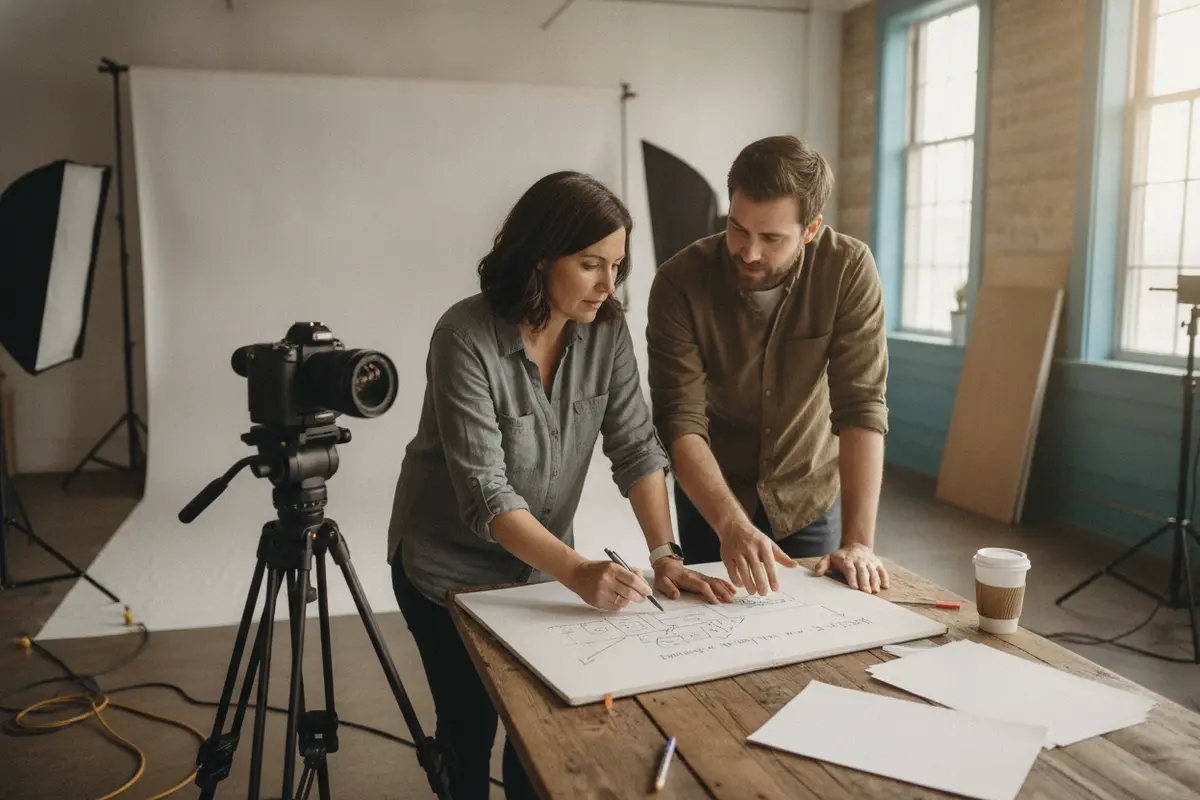 Small business team reviewing a short video outline beside a camera before recording