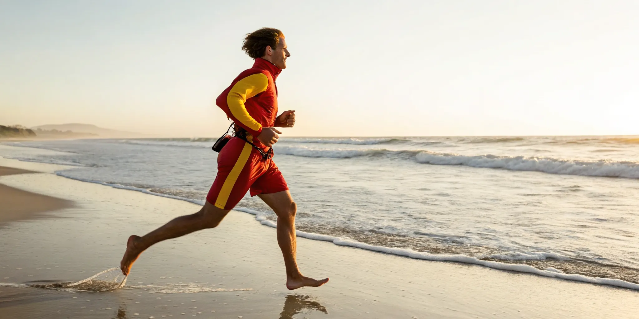 A lifeguard improving response time with physical fitness training on the beach.