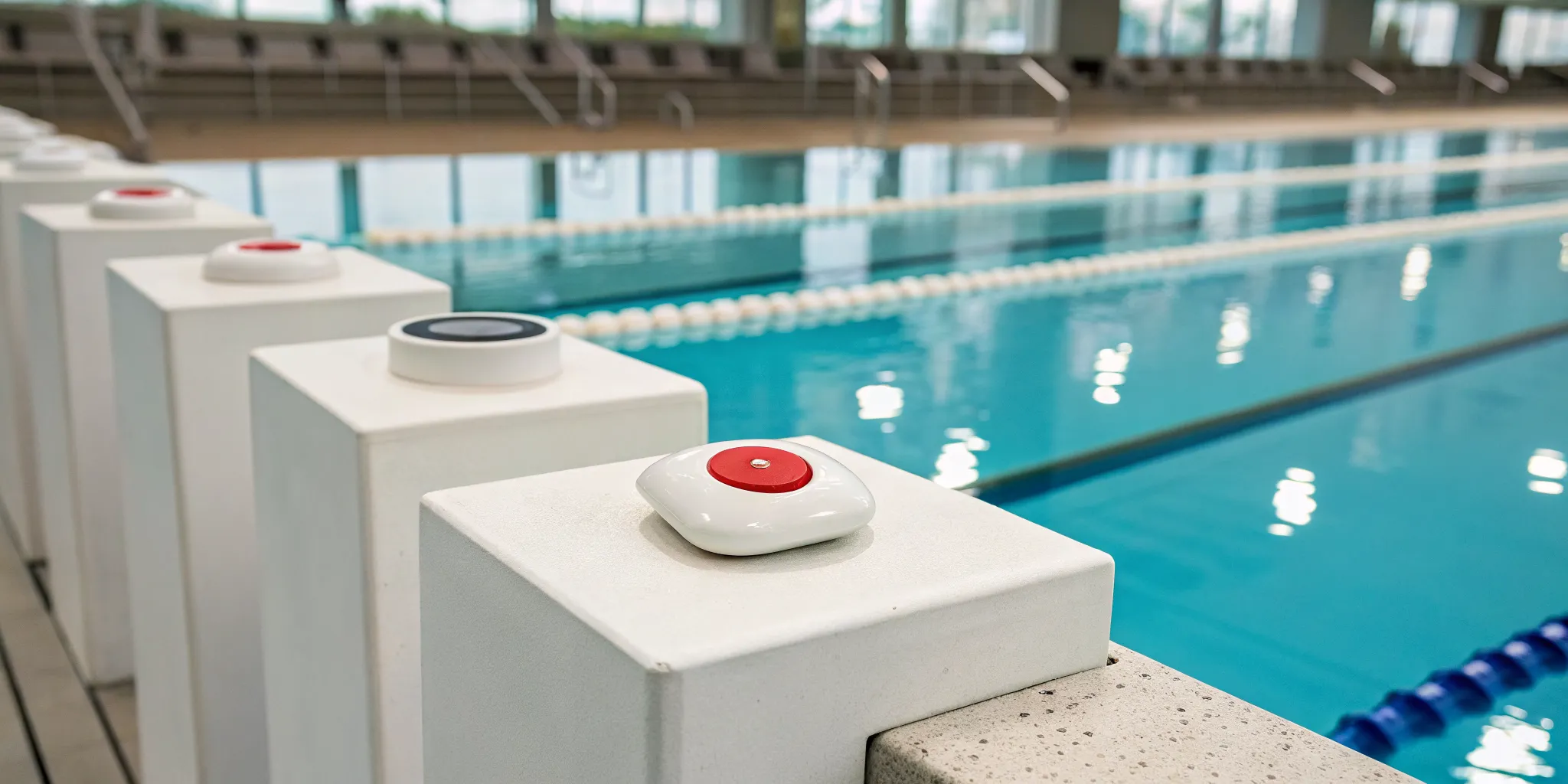 Control panel for one of the best lifeguard alert systems next to a swimming pool.