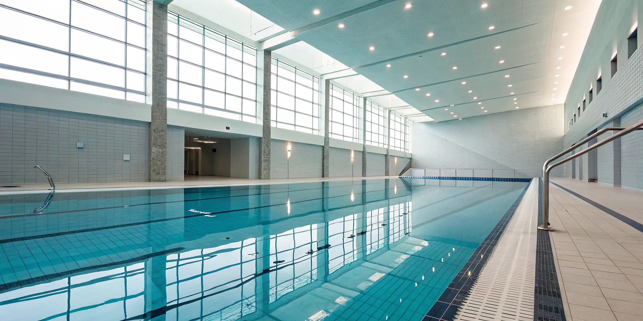 Drowning detection systems monitoring swimmers in a modern indoor swimming pool.