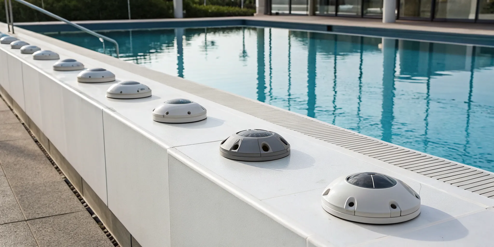 Commercial pool alarm systems installed at a swimming pool for swimmer safety.