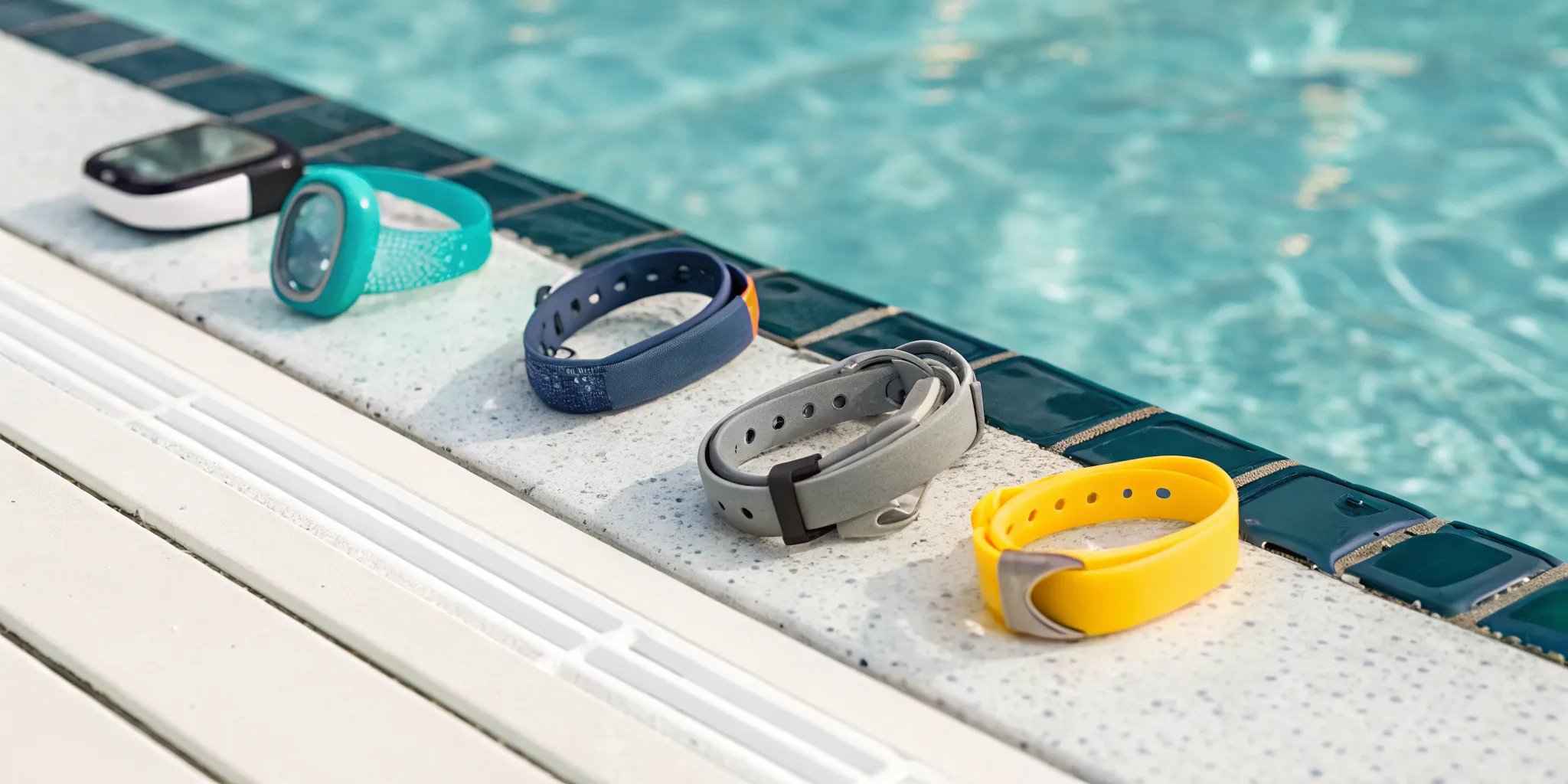 A collection of wearable safety devices for swimmers on the edge of a swimming pool.
