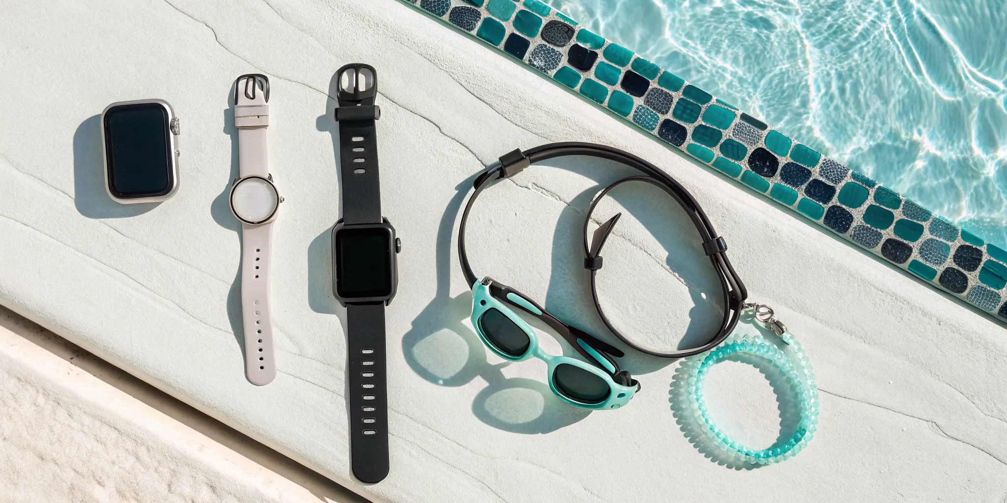Swimmer wearable tracking devices, including a smartwatch and smart goggles, by a swimming pool.