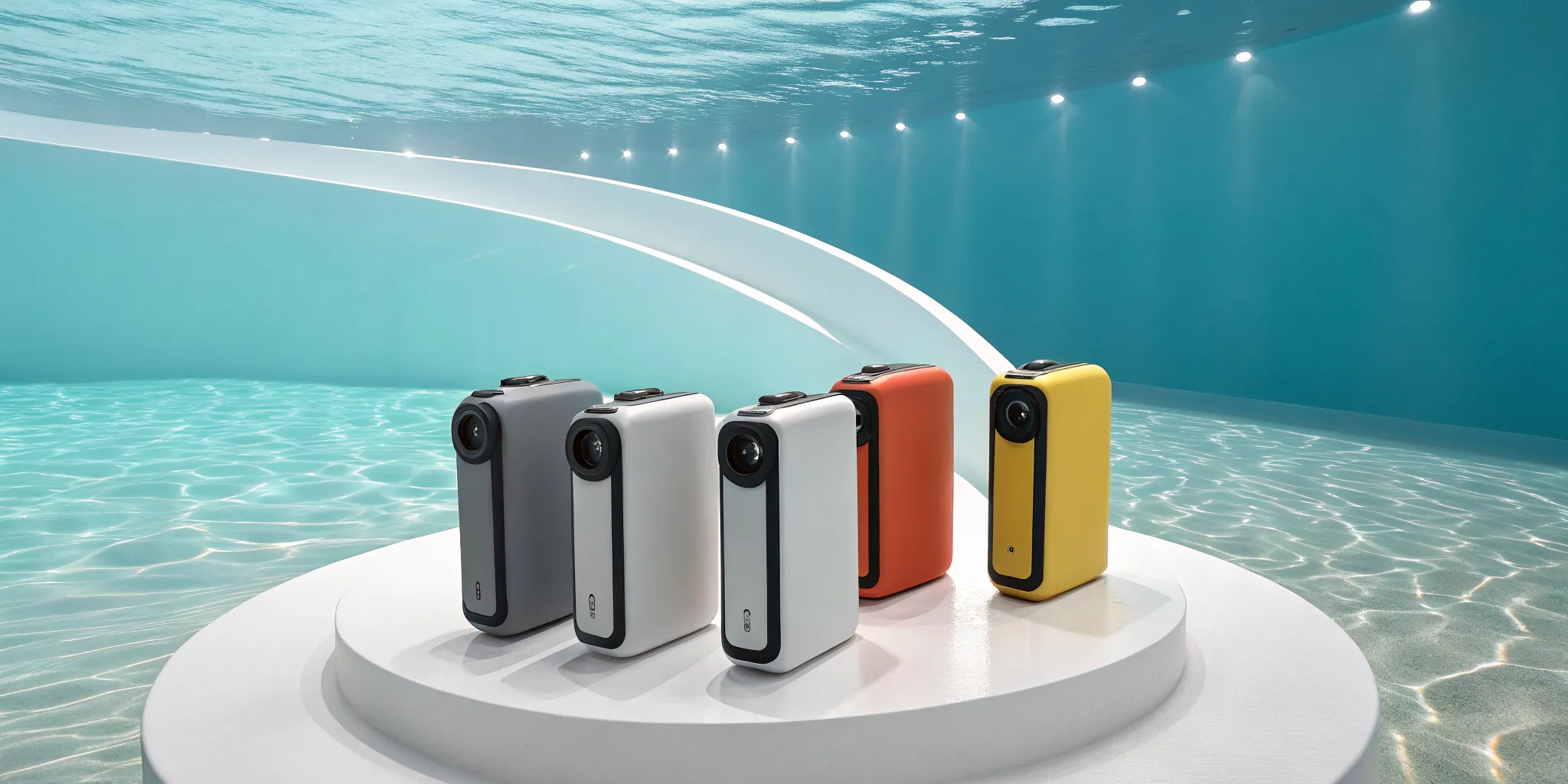 A set of advanced aquatic safety equipment for drowning detection and emergency response at a pool.