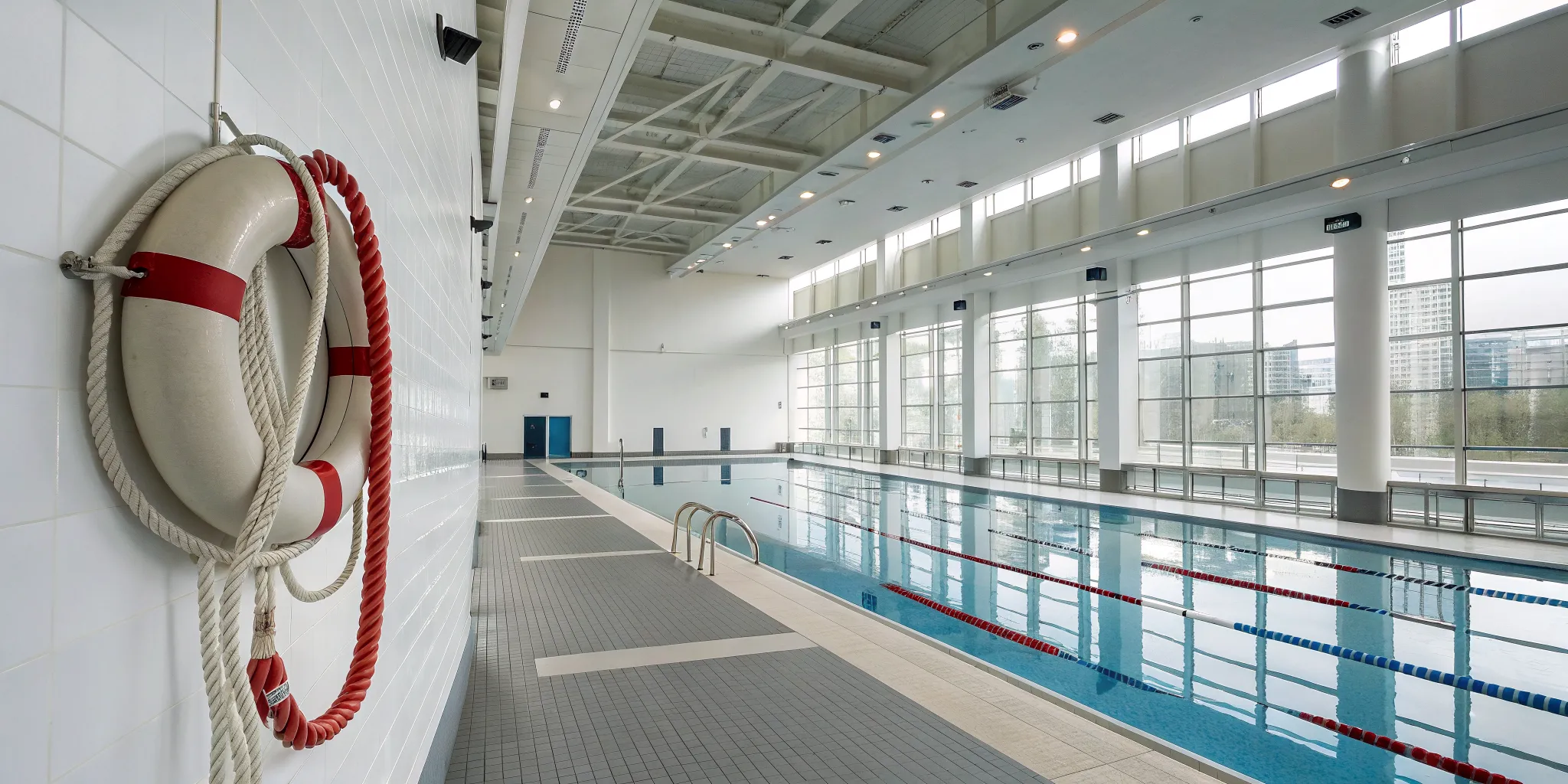 An indoor aquatic facility featuring safety solutions like a lifebuoy and ropes by the pool.