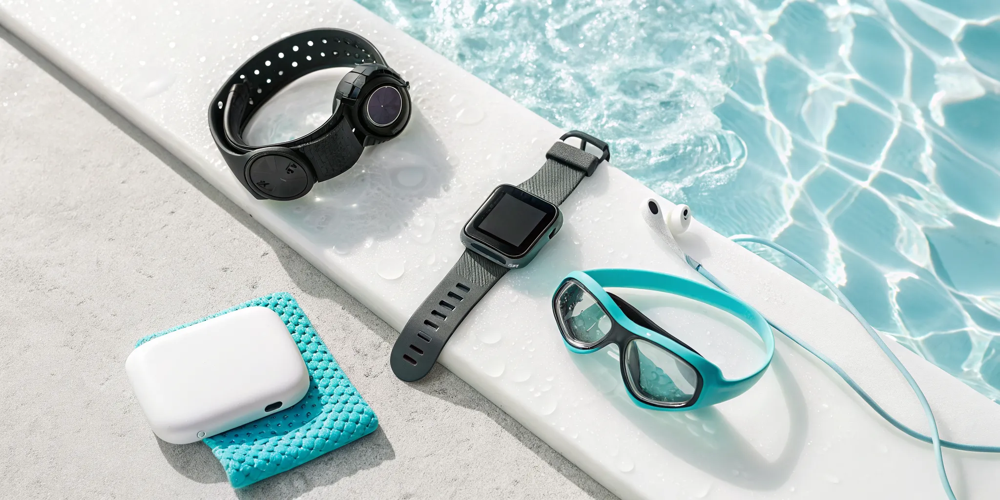 Wearable technology for water safety, including swimmer tracking devices, displayed by a pool.