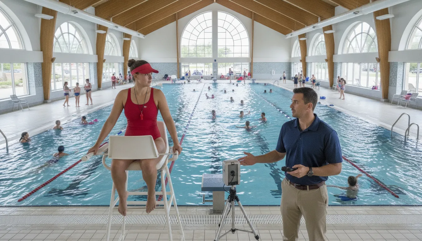 Lifeguard and aquatic safety specialist monitoring a busy pool