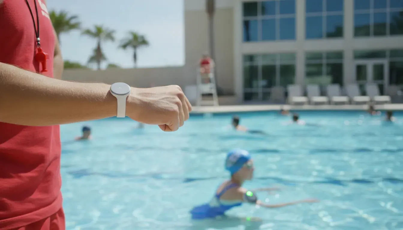 Lifeguard wearing an alert bracelet while supervising a pool with swimmer safety technology