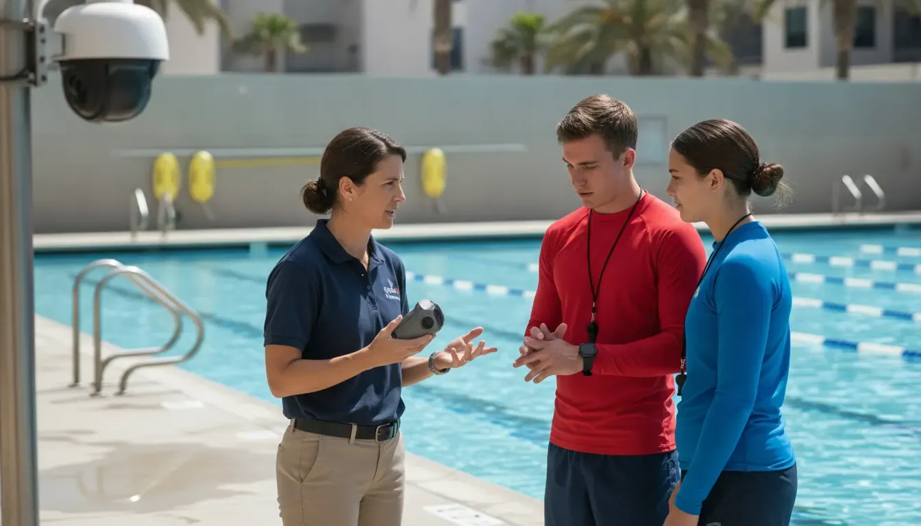 Aquatics leaders comparing camera and wearable drowning detection options at a commercial pool