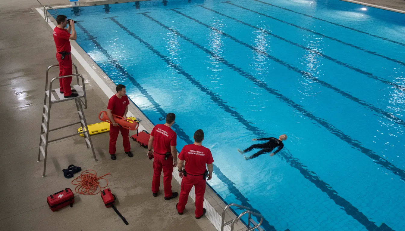 Aquatics team practicing an emergency response beside a swimming pool