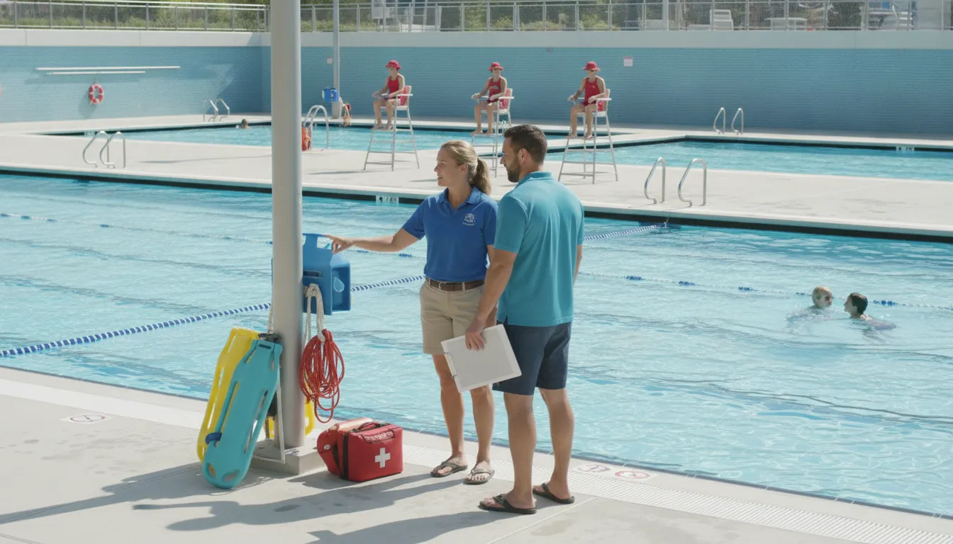 Aquatics directors reviewing a safety walkthrough at a supervised pool