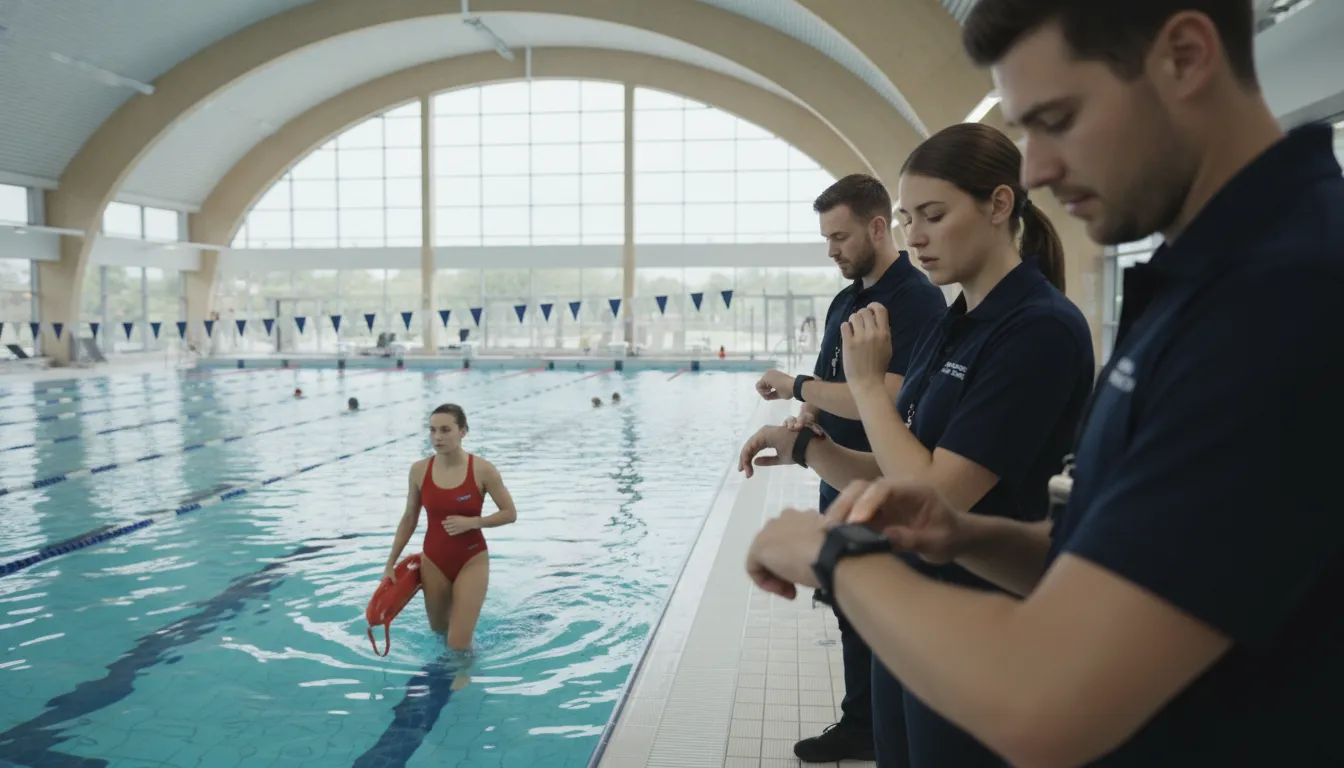 Aquatic facility staff coordinating an emergency response with digital alerts
