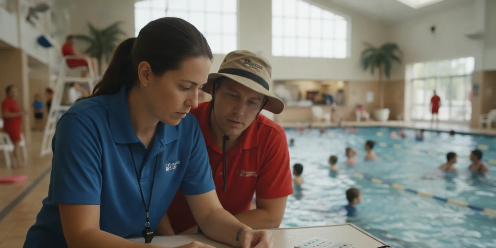 Aquatics director and lifeguard reviewing safety equipment beside a supervised pool