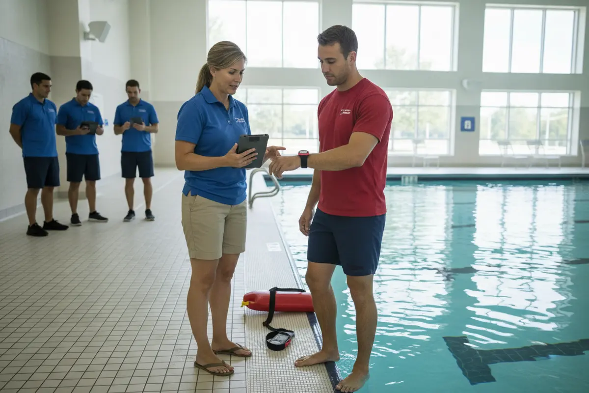 Aquatics director and lifeguard reviewing a wearable safety alert demonstration beside an indoor pool