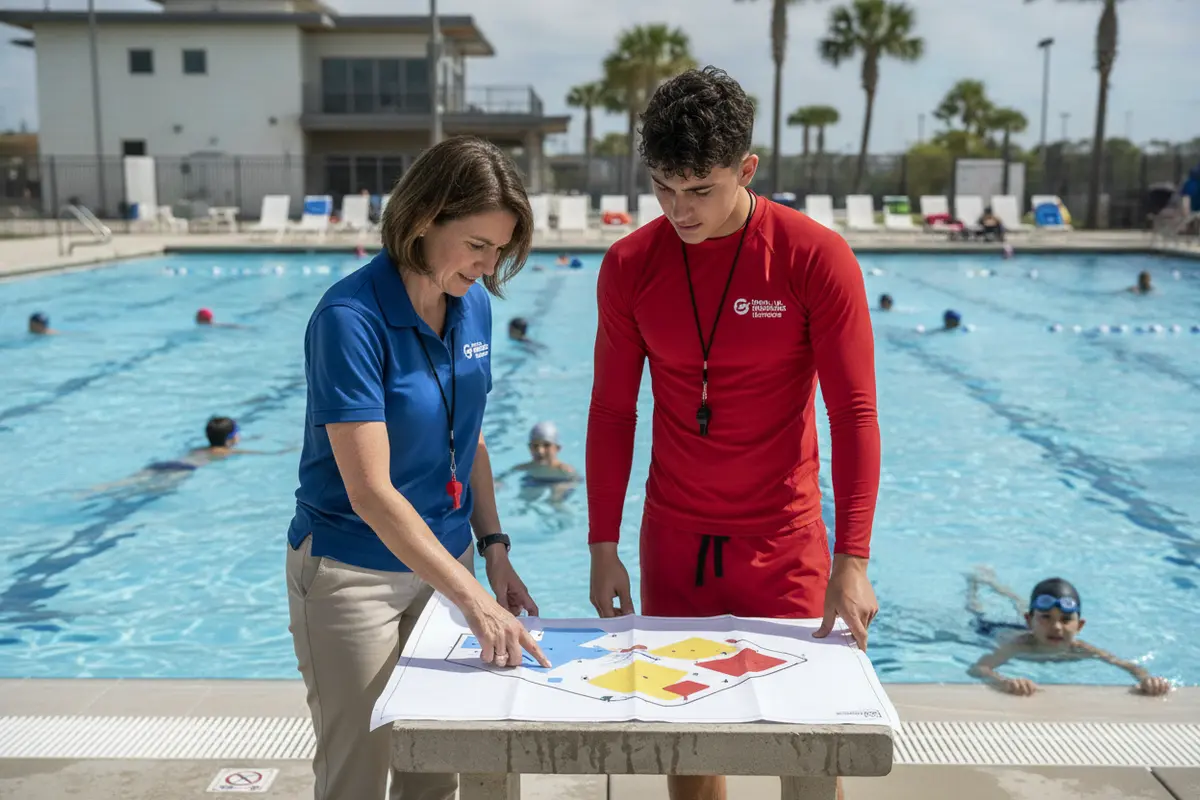 Aquatics director and lifeguard reviewing pool zones and alert-response assignments