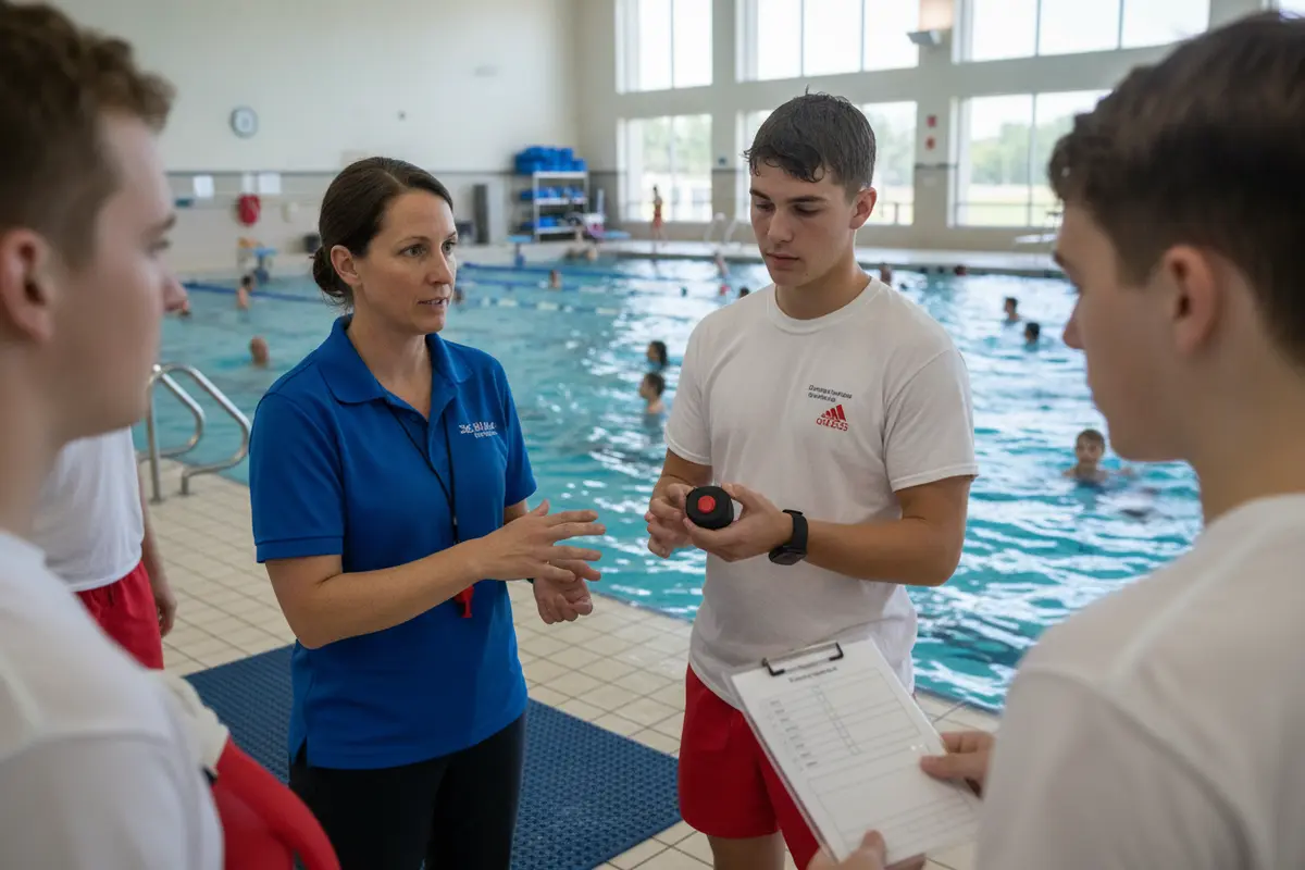 Aquatics director briefs lifeguards on a pool safety technology pilot workflow