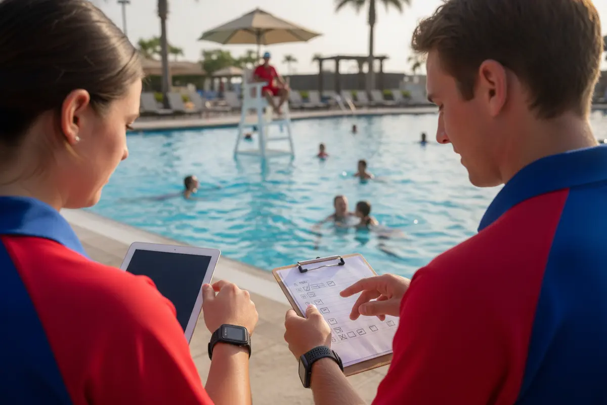 Aquatics staff checking wearable alert equipment during poolside readiness planning
