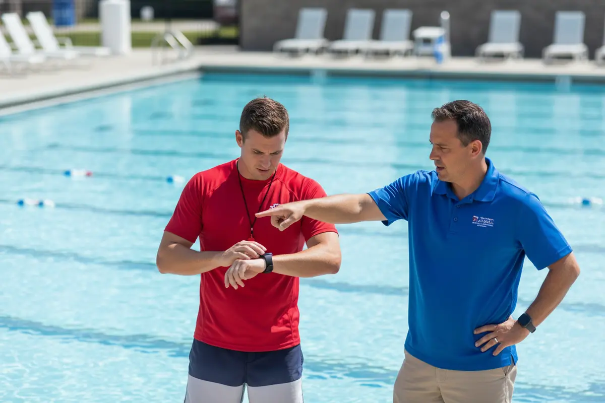 Aquatics staff practicing a pool safety technology alert response