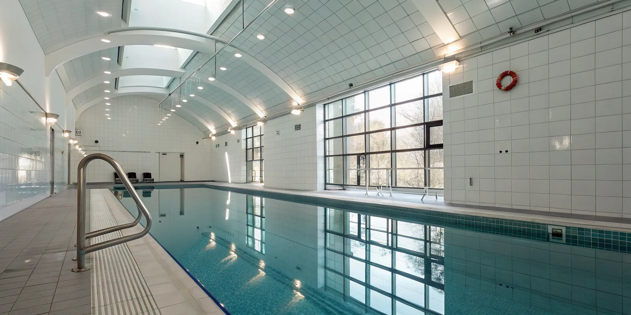 Automated drowning detection and security system in a modern indoor swimming pool.
