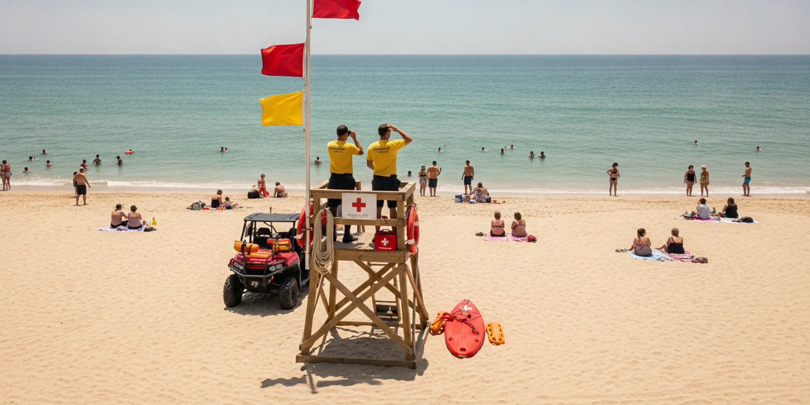 Waterfront safety staff monitoring swimmers from a staffed beach station