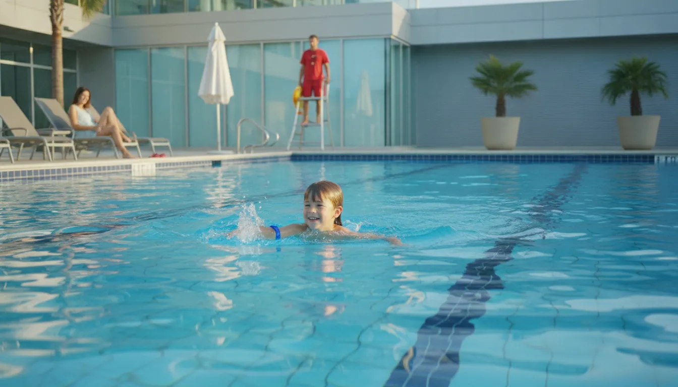 Child wearing a swim safety wristband in a supervised public pool