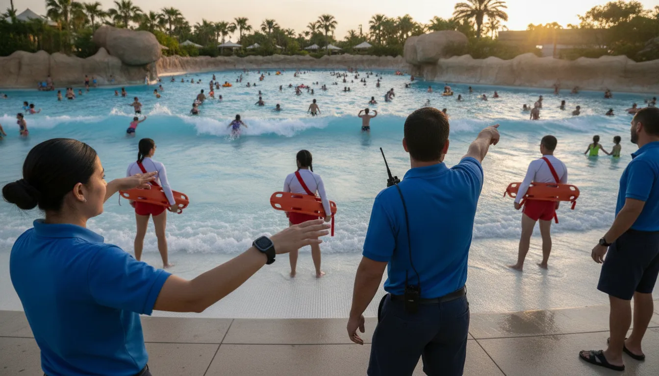 Waterpark supervisors coordinating lifeguard coverage beside a wave pool