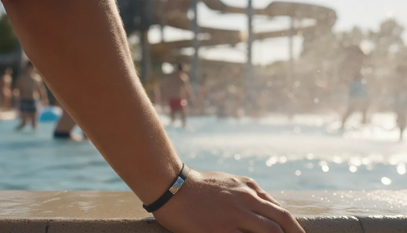 Waterpark staff reviewing wearable alert coverage beside a wave pool