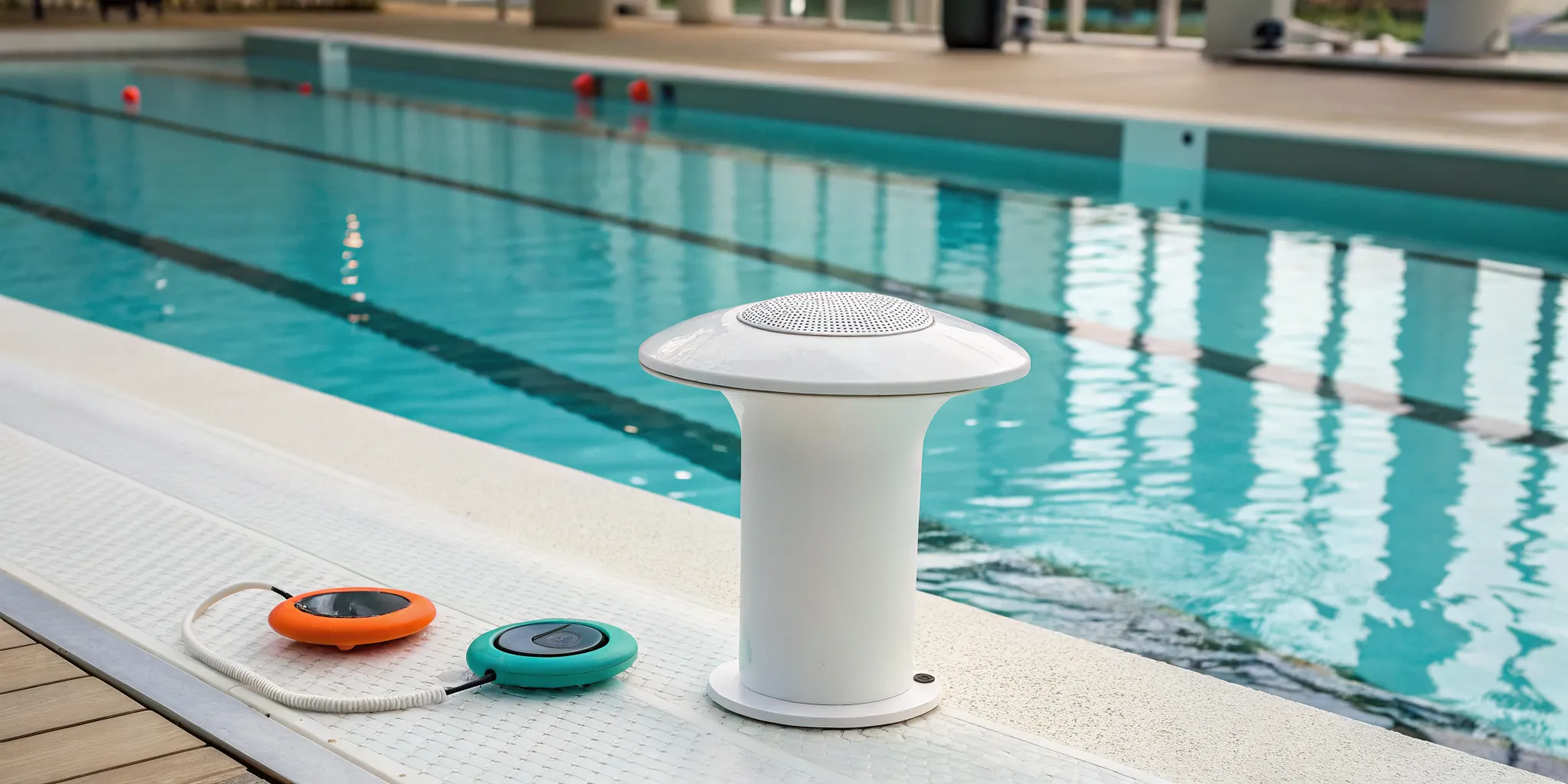 A community pool equipped with swimmer safety sensors for drowning prevention.