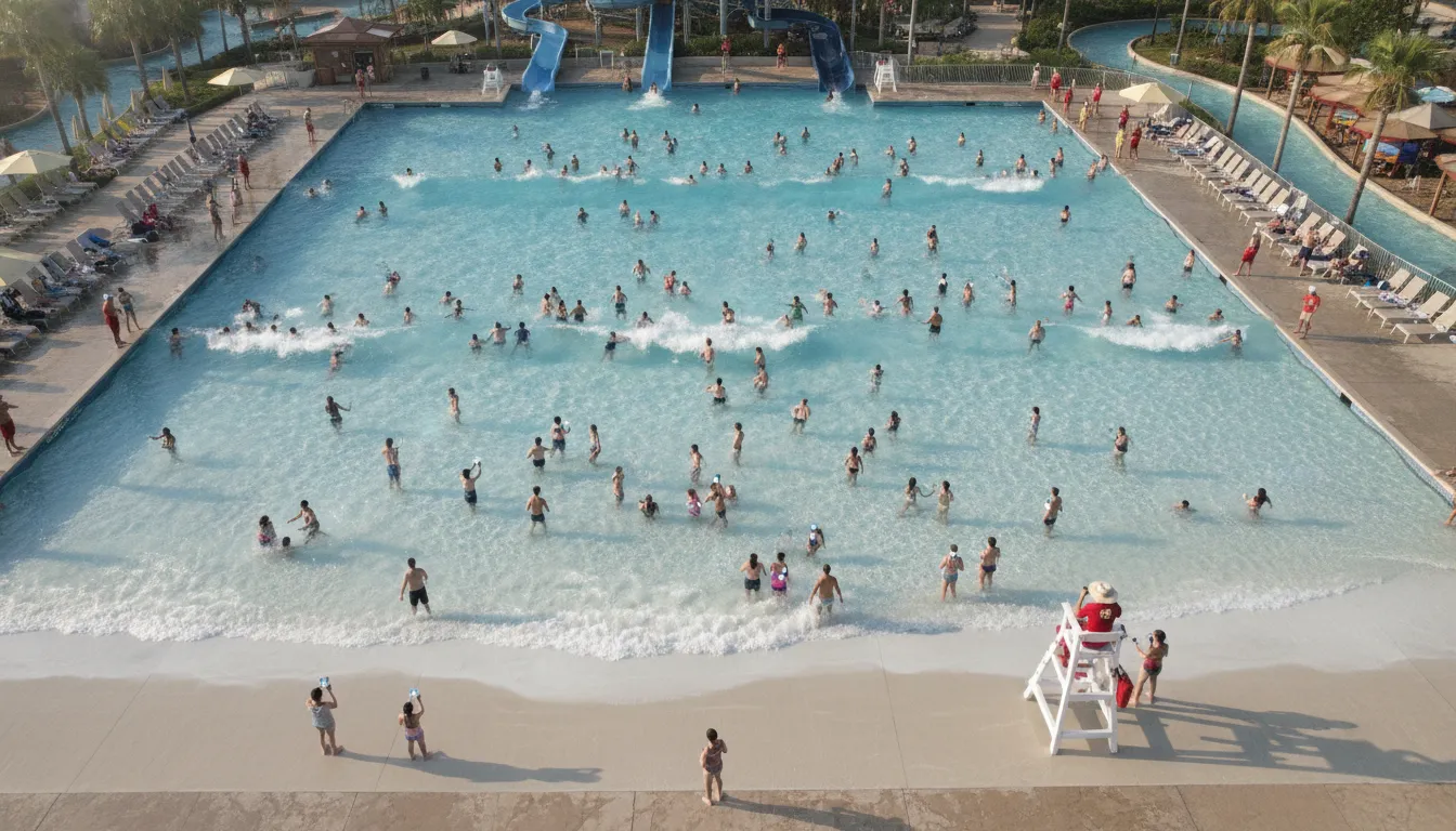 Busy water park wave pool with swimmers and lifeguard on duty, aerial view