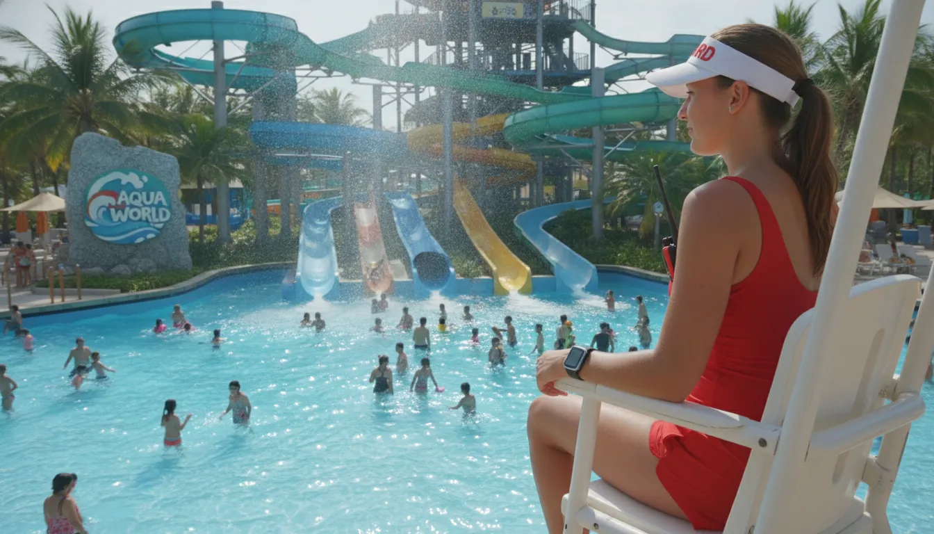 Lifeguard on duty at a water park wearing a smart bracelet, overlooking a busy pool with water slides