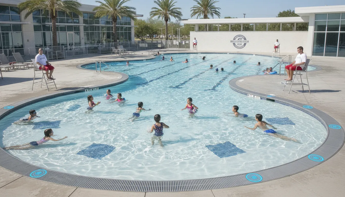 Lifeguards watching children swimming at a Boys and Girls Club pool with WAVE drowning detection sensors