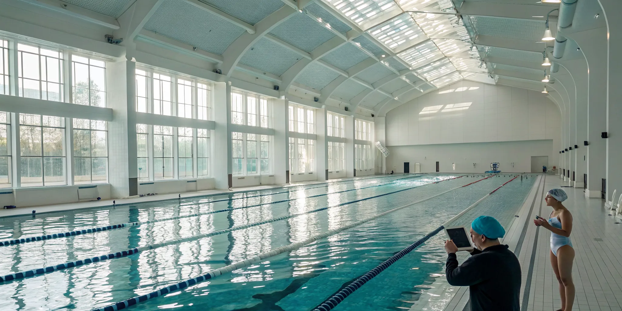 A coach uses real-time swimmer monitoring technology to track performance in a pool.