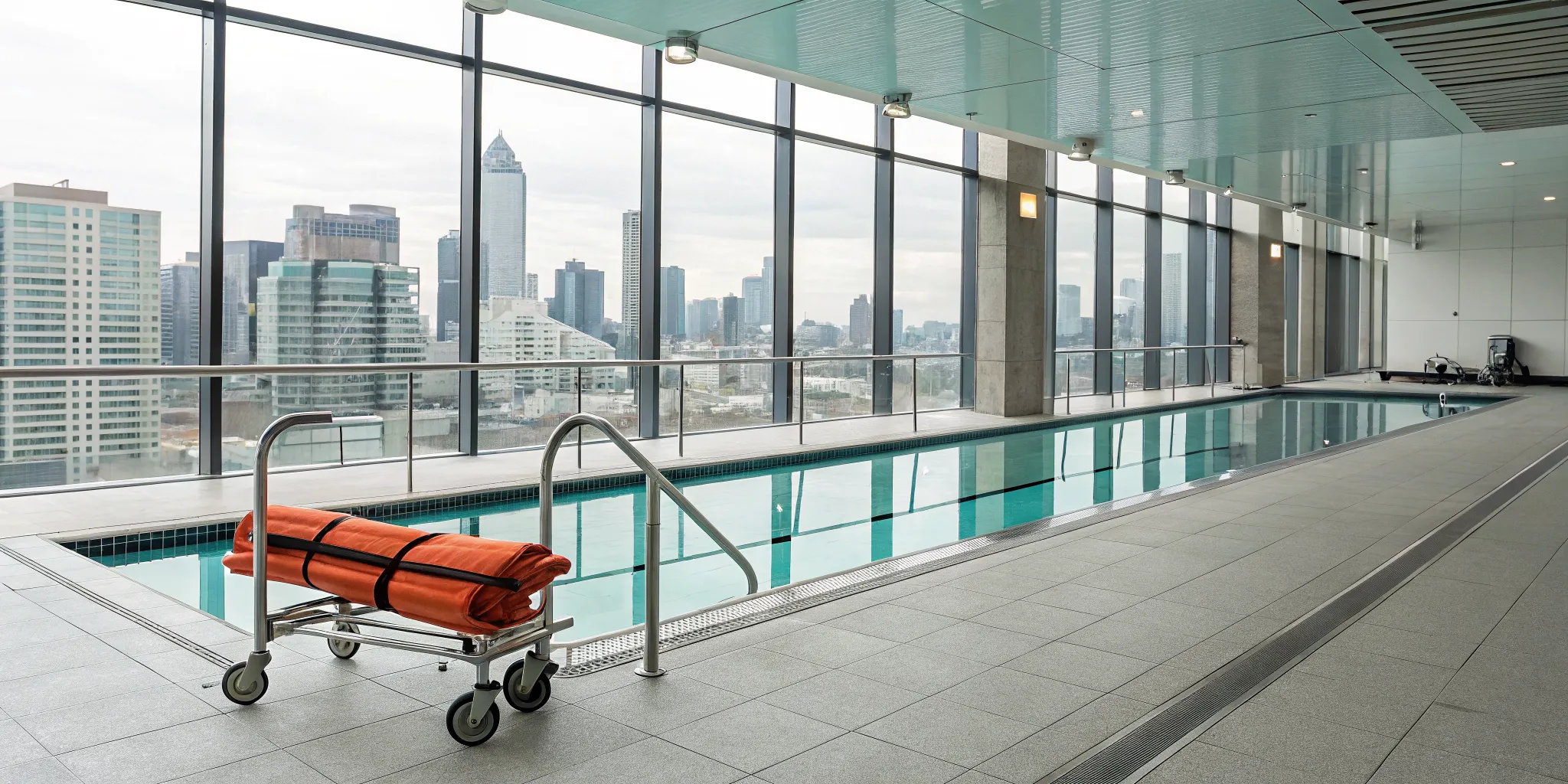 Commercial pool safety equipment organized on a cart by an indoor pool.