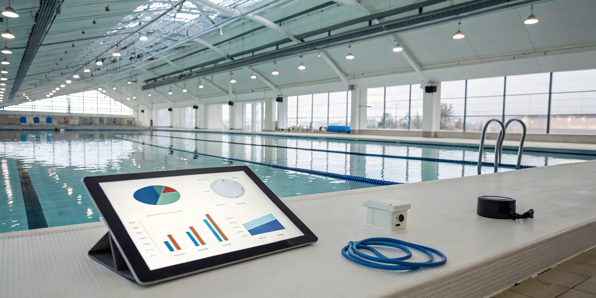 Tablet showing the cost analytics of a commercial pool anti-drowning system.